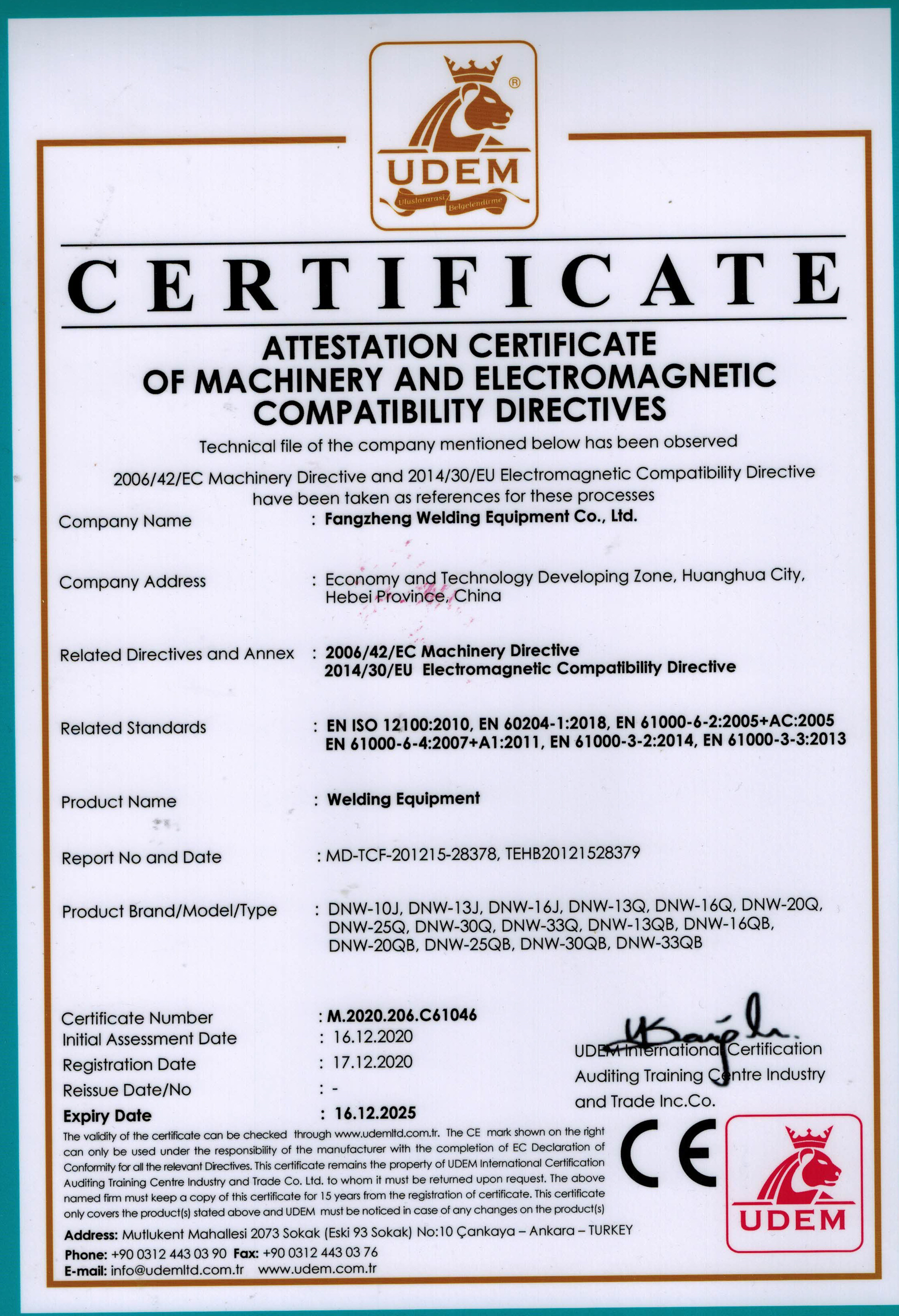 Trung Quốc Huanghua Fangzheng Welding Equipment CO., Ltd Chứng chỉ